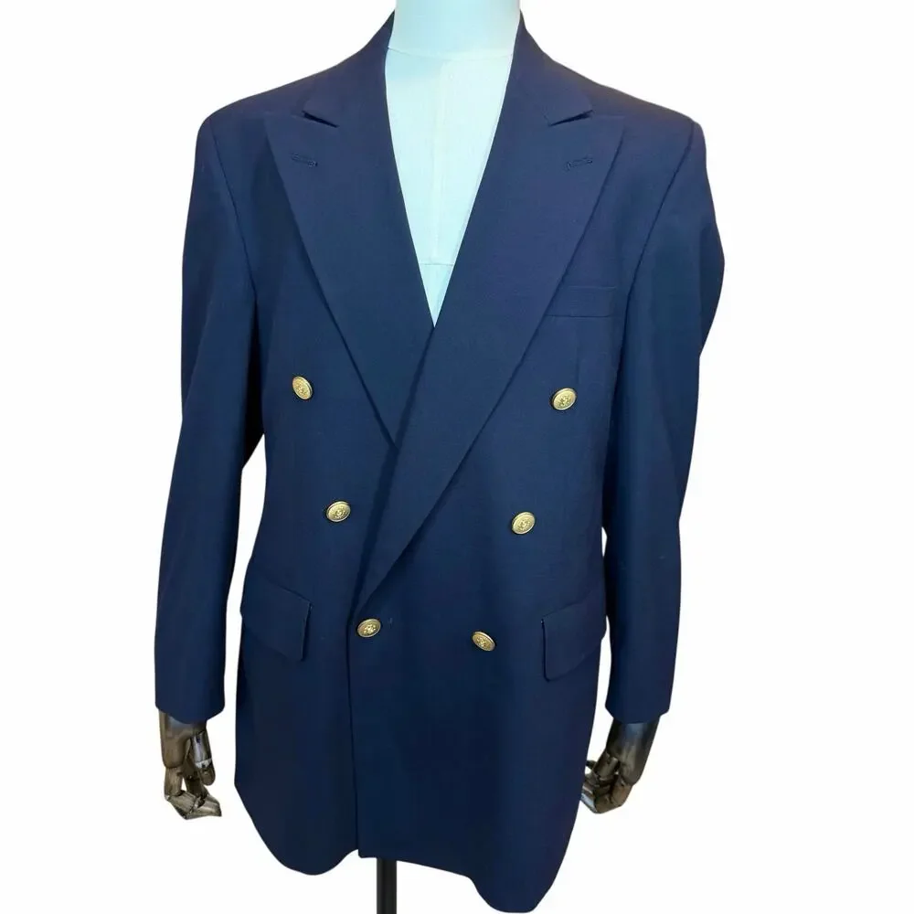 Vintage Navy Blue Double Breasted Blazer 100% Wool Gold Crest Buttons USA SZ 44R